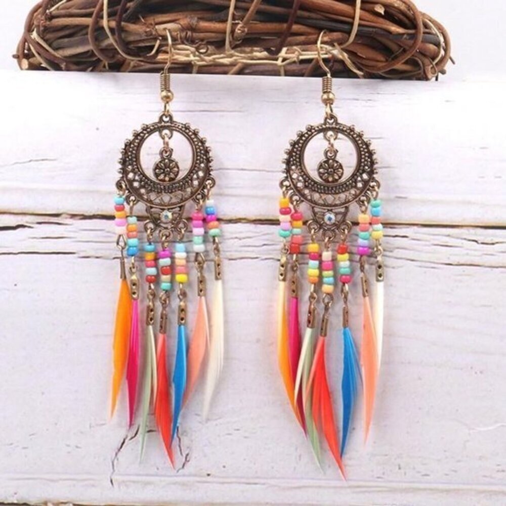 Bohemian Ethnic Long Statement Colorful Tassel Drop feather fringe Earri…​​